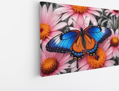 Saammp Canvas Schilderij -Vlinder bij roze bloem - Dieren - Natuur - 30x20 - Foto op canvas - Wanddecoratie - muurdecoratie Woonkamer - Slaapkamer decoratie - Canvas Print