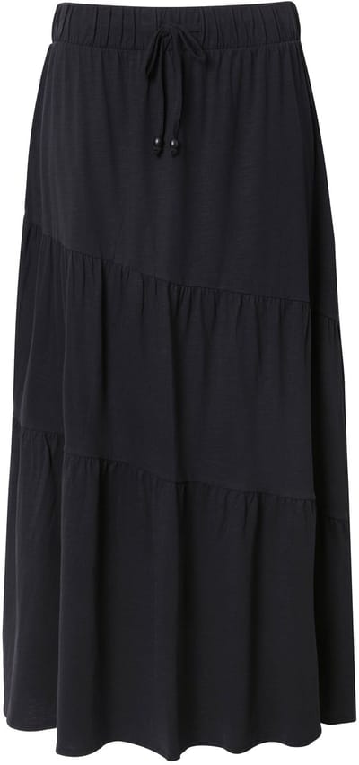 Ulla Popken - Dames - Jersey maxi-rok volantlaagjes A-lijn elastische tailleband - Zwart - Maat 42+