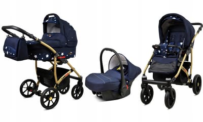 BabyLux® Kinderwagen 3in1 – LARGO - NAVY BLUE STAR GOLD FRAME - Opklapbare Wandelwagen incl. Reiswieg, Multifunctionele Buggy Sportstoel, Autostoel - Combi-kinderwagen met Luiertas, Regenhoes, Klamboe, Bekerhouder, etc.