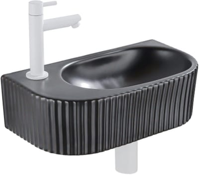 QeramiQ Fuente fonteinset – halfrond – 40x21.5x12 cm – keramiek zwart mat – mat witte kraan – geribbeld