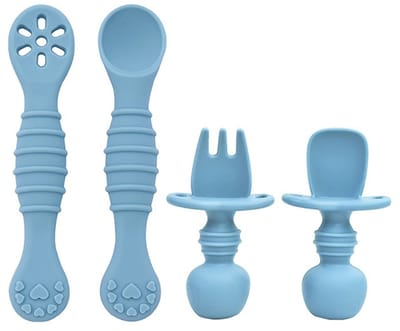 2 Setjes - Siliconen Baby Bestekset – 2 Sets Kinderbestek (Groot & Klein) – Peuterbestek - Babyservies - Ergonomische Greep – BPA-vrij – Blauw – Vanaf 6 Maanden