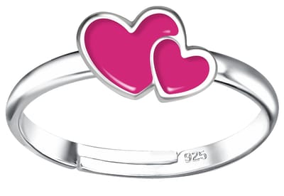 Joy|S - Zilveren hartje ring - verstelbaar - 2 hartjes roze - voor kinderen - sterling zilver 925