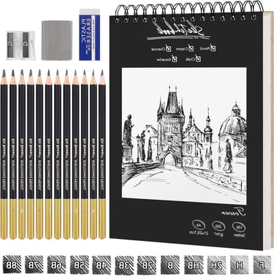 A4 Schetsboek met Spiral Binding, 200g Papier, Inclusief 12 Tekenpennen, 50 Bladen voor Illustraties en Creatief Ontwerpen