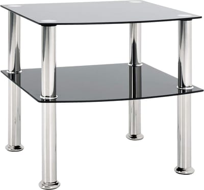 Ronde Bijzettafel met Opbergruimte - Zwart Glas en Roestvrij Staal