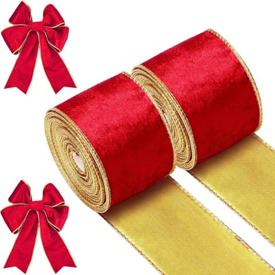 2 rollen fluwelen kerstlint fluwelen lint met bedrade rand, inpaklint voor knutselen, stoffen lint voor het maken van kerststrikken, bloemschikking decoratie (rood, 6 x 15 cm)