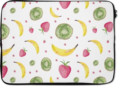 Laptophoes 14 inch - Fruit - Aquarel - Wit - Patronen - Laptop sleeve - Binnenmaat 33x23 cm - Zwarte achterkant