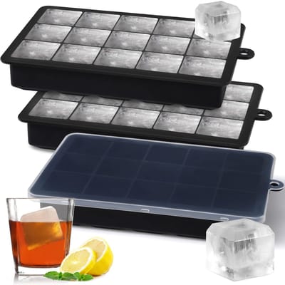 Siliconen IJsblokjesvormen met Deksel – Set van 3 Grote BPA-vrije Stapelbare IJsvormen voor Whisky, Cocktails, Bier en Dranken – Zwart