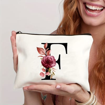 Gepersonaliseerde make-up tasjes van A tot Z - Verjaardagscadeaus - Unieke cadeaus voor bruiden en bruidsmeisjes, met bloemenmotieven, geschikt als bedankjes en voor het organiseren van cosmetica,letter F