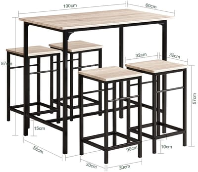 Innovastore Bartafel 5delig - Bartafel - Zitgroep - Keuken - Eetkamer - Metalen onderstel - Tafel 100x60x87cm - Stoel 32x32x57