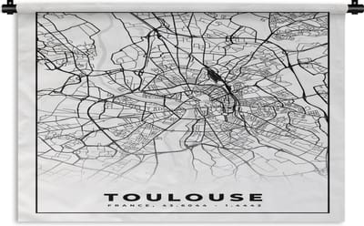 Wandkleed - Wanddoek - Kaart - Stadskaart - Frankrijk - Toulouse - Plattegrond - Zwart wit - 180x120 cm - Wandtapijt