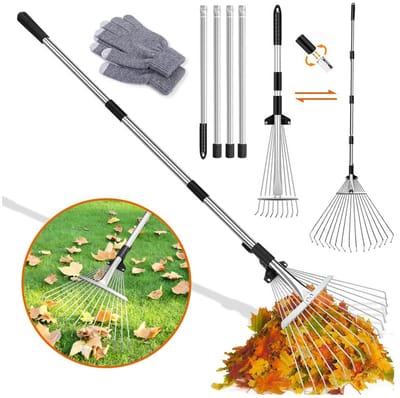 Dailygoods- Bladhark met 2,15 m verstelbare metalen steel - Tuinhark - Bladhark voor bladeren en tuinafval - Gazonhark - Inclusief handschoenen - Eenvoudig in gebruik
