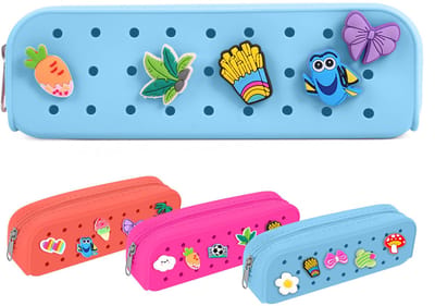 Siliconen klein etui - multifunctionele make-uptas of briefpapier organizer esthetische potloodzak voor vrouwen en tieners met doe-het-zelf gaten, Lichtblauw, Tas Organizer
