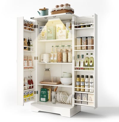 128,5 cm großer Küchenschrank, Bauernhaus-Aufbewahrungsschrank – LED-Speiseschrank mit 2 Flügeltüren und verstellbaren Regalen für kleine Räume im Esszimmer oder Wohnzimmer, weiße Tiefdruckstruktur