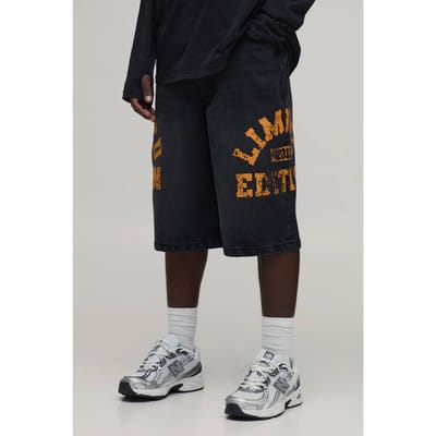 Longline Varsity Print Denim Jorts | Black | Size 28