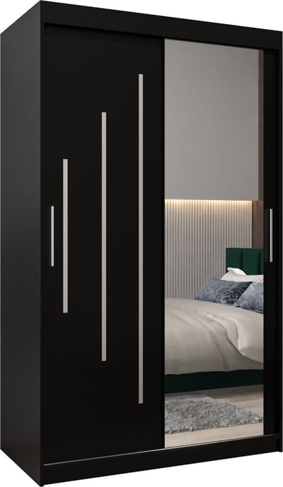 InspireMe - Kledingkast met 2 schuifdeuren, Modern-stijl, Een kledingkast met planken en een spiegel (BxHxD): 120x200x62 - MALTESE II 120 Zwart Mat