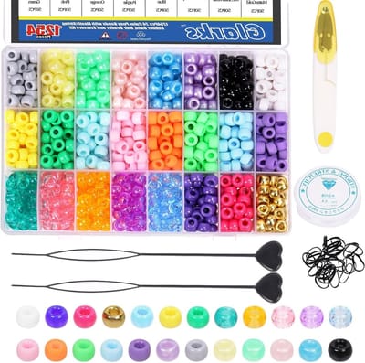 24 Kleurige Haarbedels Set met Elastisch Koord en Schaar voor Vlechtwerk en Armbanden - Moeder van Parel, Transparant, Matte en Regenboog Beads