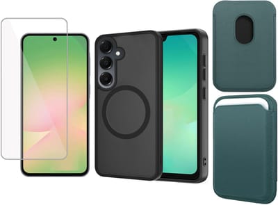 Hoesje + Pasjeshouder + Screenprotector geschikt voor Samsung Galaxy A17 5G / A26 Hoesje - Portemonnee Hoesje geschikt voor MagSafe - Magnetisch - Gehard Glas- Creditcardhouder - Turqoise