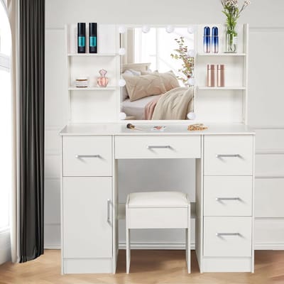 Aovquof Make-uptafel met Hollywood-ledverlichting, make-uptafelset met verlichte spiegel, met 5 laden en 6 open vakken, witte moderne kaptafel