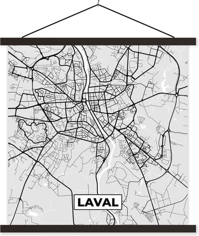 Posterhanger incl. Poster 60x60 cm - Schoolplaat - Laval – Plattegrond - Frankrijk – Kaart – Stadskaart - Textielposter - Zwarte latten - Stadskaart