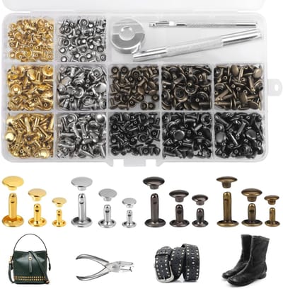 Dailygoods- Klinknagels 240 Stuks - Klinknagels voor Leer - Bevestigingsgereedschap Kit - 3 Maten - Metalen Dubbele Cap - Transparante Opbergdoos - Klinknagelset
