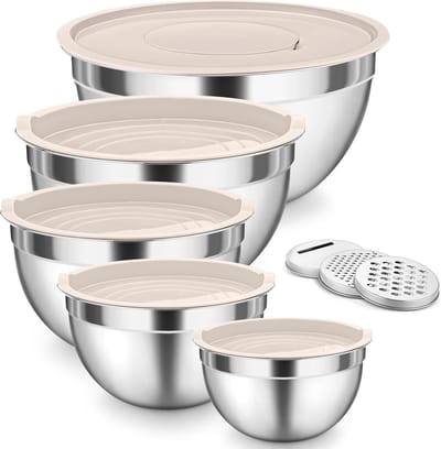 Set van 5 RVS Mengkommen met Luchtdichte Deksel en 3 Raspaccessoires, Stapelbaar en Vaatwasserbestendig, Ideaal voor Salades en Bereidingen, Diverse Maten van 0.7 tot 4.5 Liter