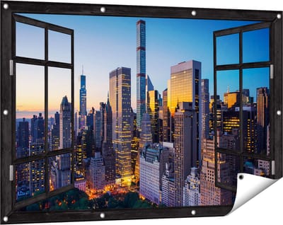 Gards Tuinposter Doorkijk New York bij Zonsopgang - 120x80 cm - Tuindoek - Tuindecoratie - Wanddecoratie buiten - Tuinschilderij