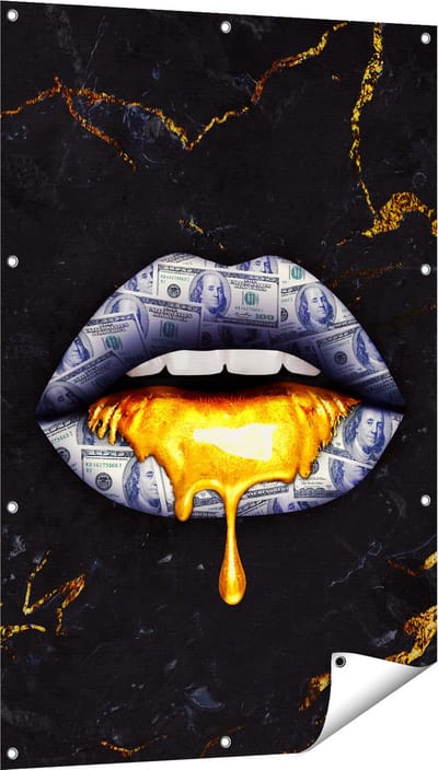 Gards Tuinposter Dollar Lippen met Goud - 80x120 cm - Tuindoek - Tuindecoratie - Wanddecoratie buiten - Tuinschilderij
