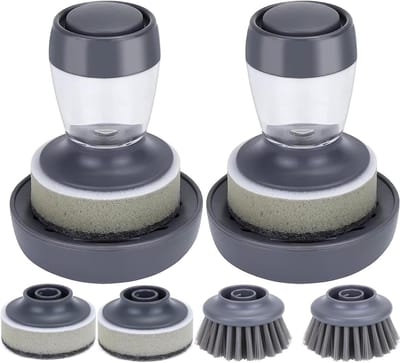 Efficiënte afwasborstel met geïntegreerde zeepdispenser en 2 afwasponsen, ideaal voor keukengerei en pannen, inclusief 4 vervangingen voor grondige reiniging