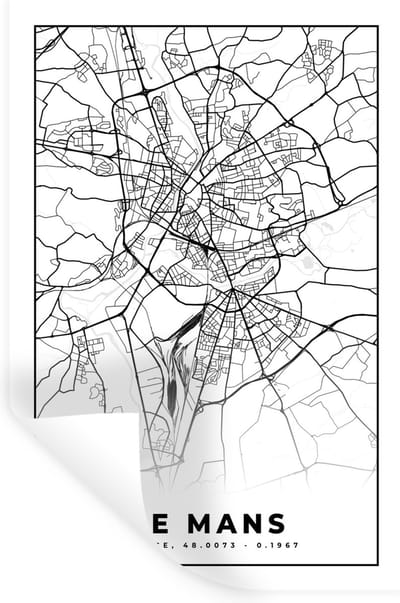 Muurstickers - Sticker Folie - Plattegrond - Kaart - Le Mans - Frankrijk - Stadskaart - Zwart wit - 20x30 cm - Plakfolie - Muurstickers Kinderkamer - Zelfklevend Behang - Zelfklevend behangpapier - Stickerfolie