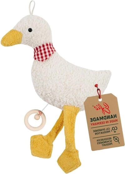 Muziekdoos Gans - Knuffel Gans - Babykamer Decoratie - Gemaakt in Duitsland - 38 cm - Geel