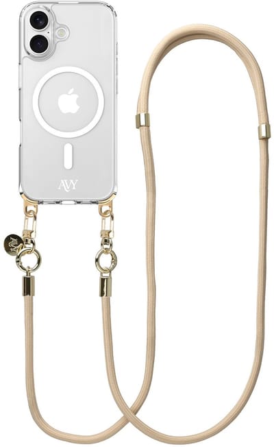 AVY Hoesje geschikt voor Apple iPhone 16 | Compatibel met MagSafe | Clear Case met Telefoonkoord 130CM | Crossbody Tressé Beige