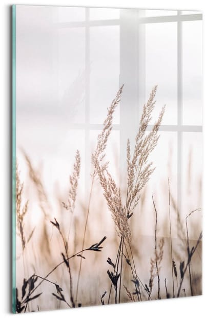 Wallfluent Glasschilderij - Natuurlijke grasstijl in boho-stijl Foto Op Glas - 20x30 cm - Beige Verticale Muurschildering - Natuur Schilderij Op Glas - Glazen Schilderij - Schilderij Glas