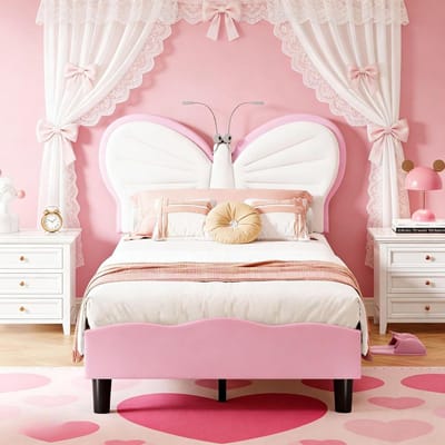 Gestoffeerd bed, 90 x 200 cm, met verstelbaar hoofdeinde van vlinder, gestoffeerde kinderbedden, roze bed 90 x 200 cm met lattenbodem, eenpersoonsbed voor jongeren en kinderen, meisjes, roze/a