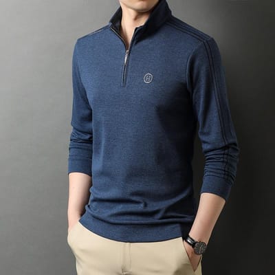 Lente Nieuw Heren T-shirt met Lange Mouwen Licht Zakelijk Casual Effen Kleur Geborduurd Opstaande Kraag Poloshirt Heren XXL blue