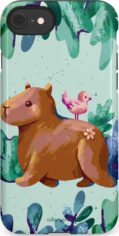 Casetastic Hoesje Geschikt voor Apple iPhone 7/8/SE - Stijlvolle Beschermende Duo-layer Case - Capibara Vogeltjes Vriend