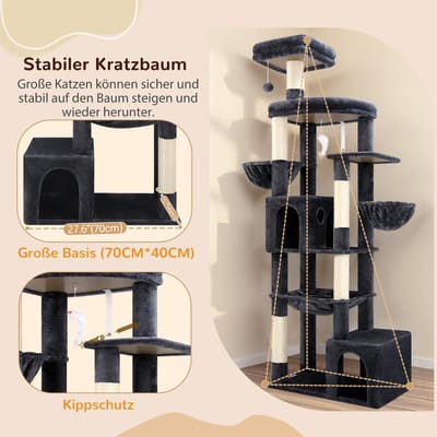 Kattenboom xxl 194 cm hoog met 2 Groot kattenhuis, Hangmat 50 * 40CM, platform gevoerde grote, 2 Mand, Zitstang, Enorm Krabpaal voor 3-5 grote katten Rust Spelen Binnen (S76B, Donkergrijs)