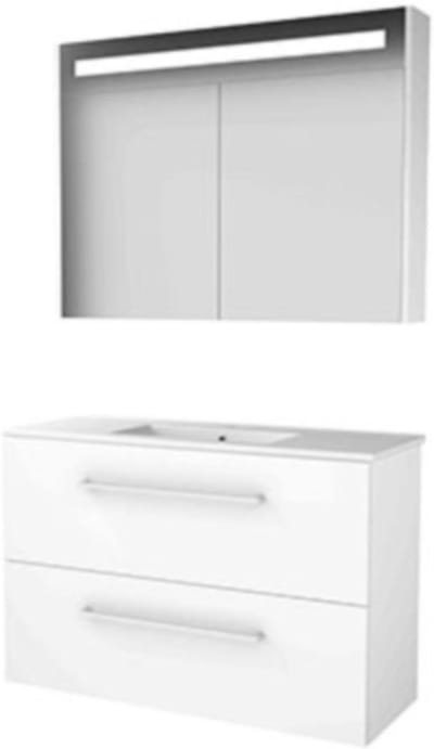 Basic-Line Premium 39 Badkamermeubelset - Ondiep - 100 x 39 cm - Met Grepen - 2 Lades - Keramische Wastafel - 1 Kraangat - Spiegelkast met LED Verlichting - Ice White