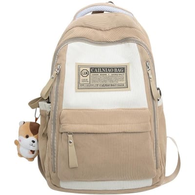 Nieuwe Rugzak van Corduroy Vrouwelijke Studenten Contrasterende Kleur Casual Rugzak Middelbare School Middelbare School Studenten Grote Capaciteit Schooltas beige