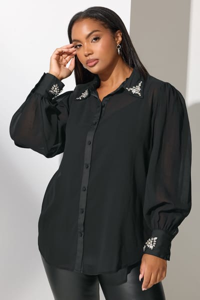 Yours London Zwart Diamanten Detail Shirt Size 42