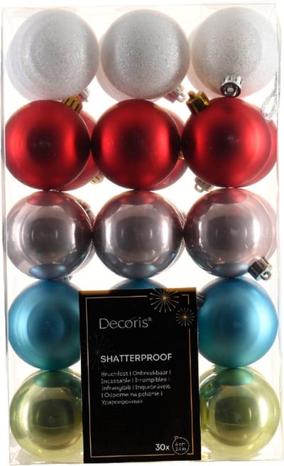 Decoris kerstballen - 30x - 6 cm -kunststof - gekleurd - kerstversiering