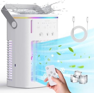 Verdampingskoele-aircooler-aircooler met water-Draagbare airconditioner - Draagbare koeler met afstandsbediening - Timerfunctie - Gekleurd nachtlampje - Drie-laags miststand - Geschikt voor slaapkamers, kantoren en kamperen - Wit - 18x13x25 cm