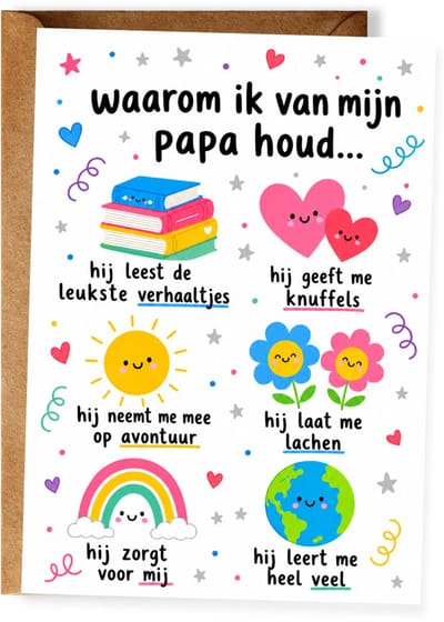 Waarom ik van mijn papa hou - Vaderdagkaart - Lieve kaart voor vader - Vaderdagcadeau papa - Wenskaart vader - Ansichtkaart (10x15 cm incl. envelop)