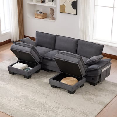 DESMIU Zitbank 260 x 132 x 84 cm - Modulaire 3-Zits Met 2 Hockers, USB-C En Zijvakken - Voor Woonkamer Of Ontvangstruimte - Corduroy Donkergrijs