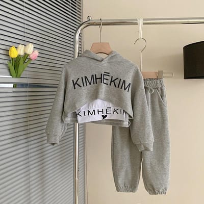 Lente Herfst Baby Meisjes Wafel Alfabet Crop Hoodie + Trekkoord Sweatpant + Tee Tops Kids Trainingspak Kind 3 STUKS outfit Sets 1-9 Jaar 100cm grijs