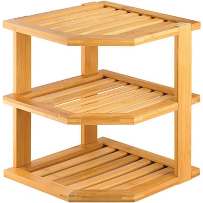Decopatent - 3 Laags Hoek Keuken Opbergrek - Staand Rek met 3 etages voor Keuken - Corner Keukenrek - Hoekrek - Bamboe Hout - Afm 25 x 25 x 25 Cm.