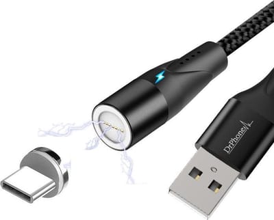 DrPhone Magnetische USB C Kabel – 360° Draaibaar – Tot 3A – Dataoverdracht – LED – Nylon – USB-A – 1 Meter – Zwart