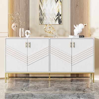 Moderne Dressoir-Met 4 Deuren-Stijlvol Design in Wit & Goud-MDF Korpus met Metalen Poten-Grote Opbergruimte met Verstelbare Planken-Wit en Goud