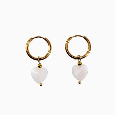 ∅16mm Oorringen Dames - Verguld Roestvrij staal - Oorbellen met Hart Hanger - Witte Parelmoer Schelp
