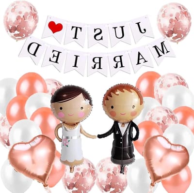 JGS Premium - Bruiloftsdecoratie Met Just Married Slinger en 29 Stuks Roségoud Ballonnen