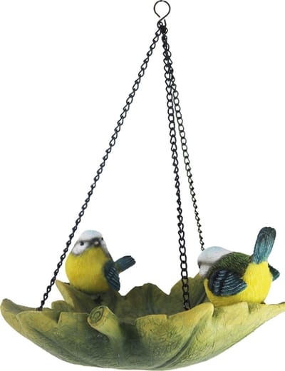 Vogelbad hangend bladvormig koolmees 25 cm hoog inclusief ketting - voedersystemen - vogelbadje - voederhanger - pinda - noten - metaal - polyresin  - tuinieren - tuinfiguur - tuindecoratie - tuinaccessoire - geschenk - cadeau - vogelliefhebbers